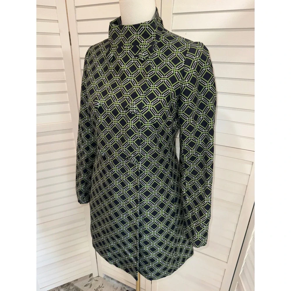Banana Republic Trench Coat Women Green Navy Geometric Print XS